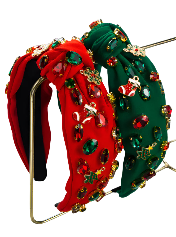 Red and green headbands with gemstone embellishments on a white background