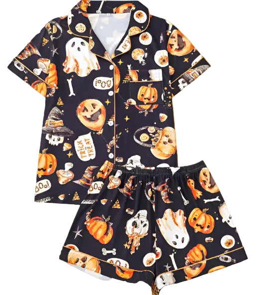 Halloween-themed pajama set with pumpkins, ghosts, and bats on a navy background.