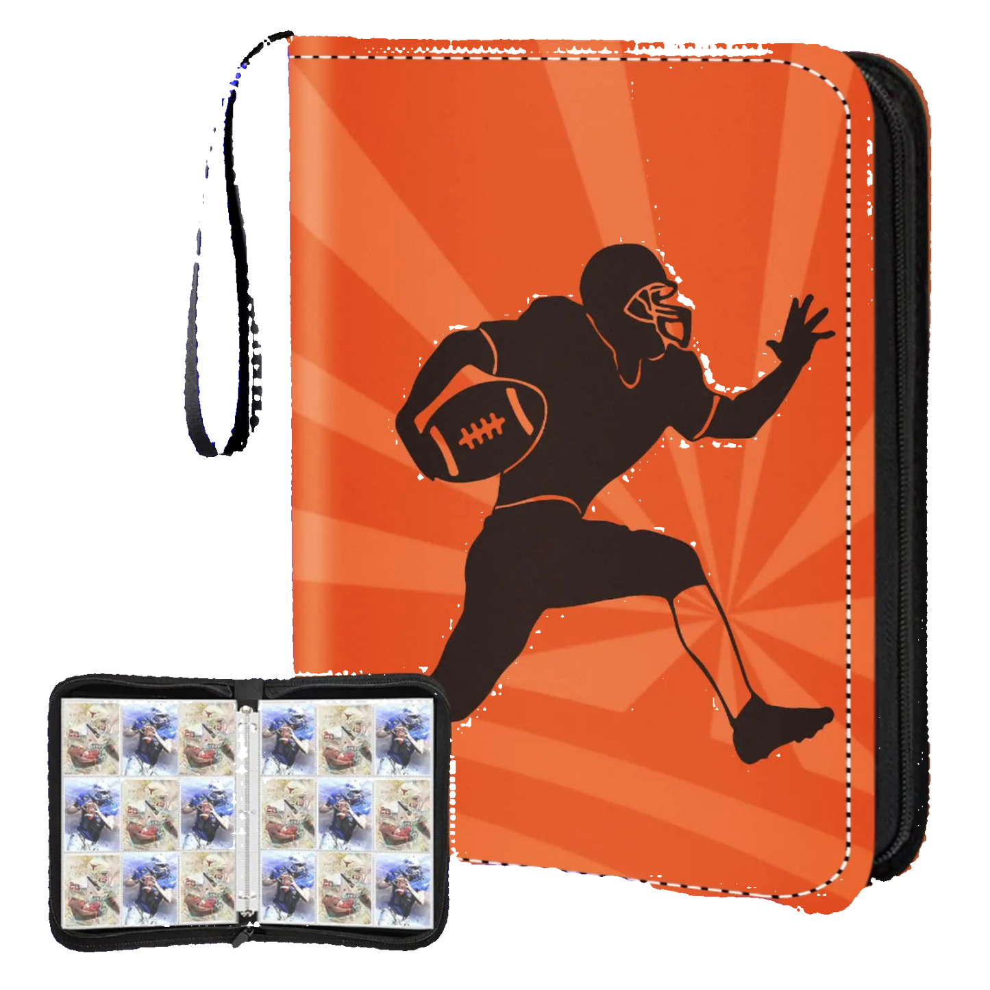 Orange and black sports trading card album with a football player design