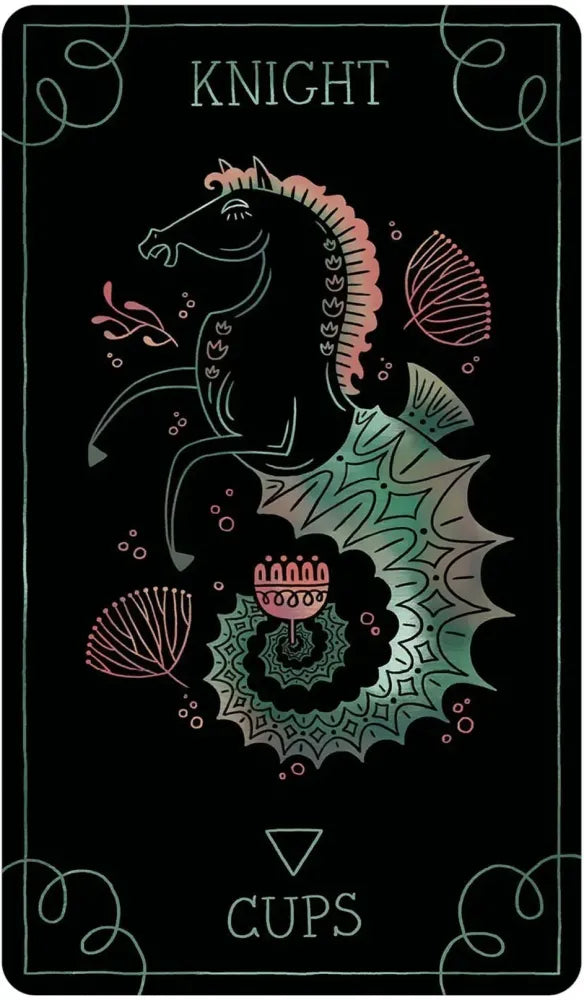 Card featuring a stylized dragon with floral elements on a black background, labeled 'Knight of Cups'.