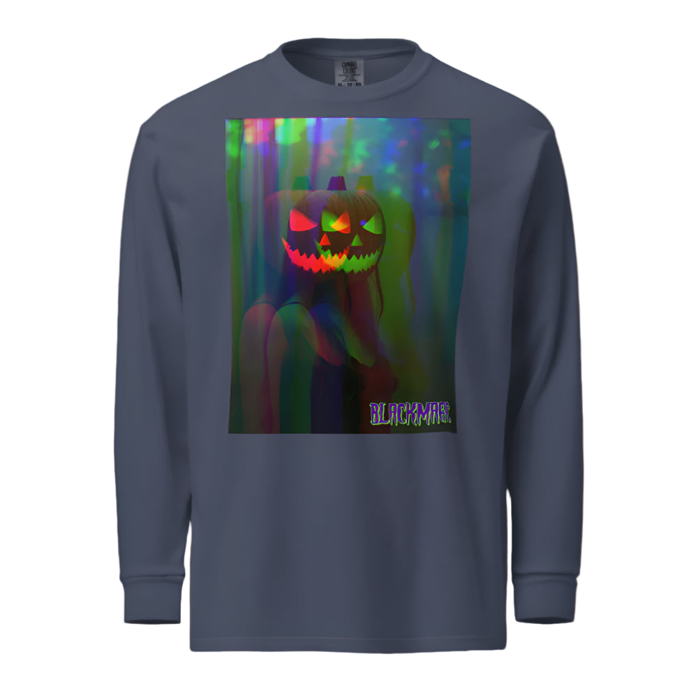 Navy blue long-sleeve shirt with a colorful jack-o'-lantern design on a white background