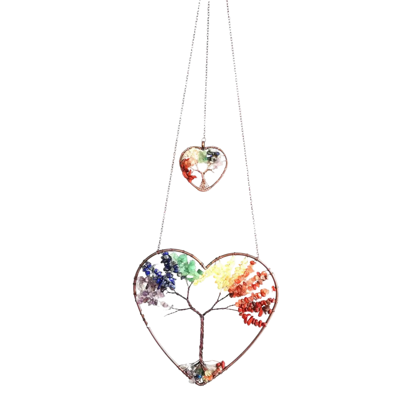 Heart-shaped necklace with a tree design and colorful leaves on a white background