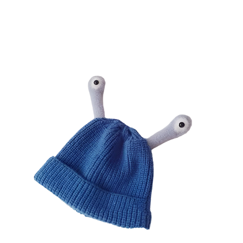 Blue knitted hat with gray antennae on a light gray background