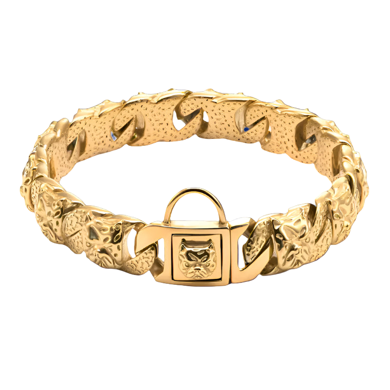Gold bracelet with a lock design on a white background
