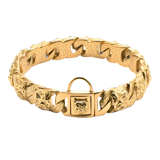 Gold bracelet with a lock design on a white background