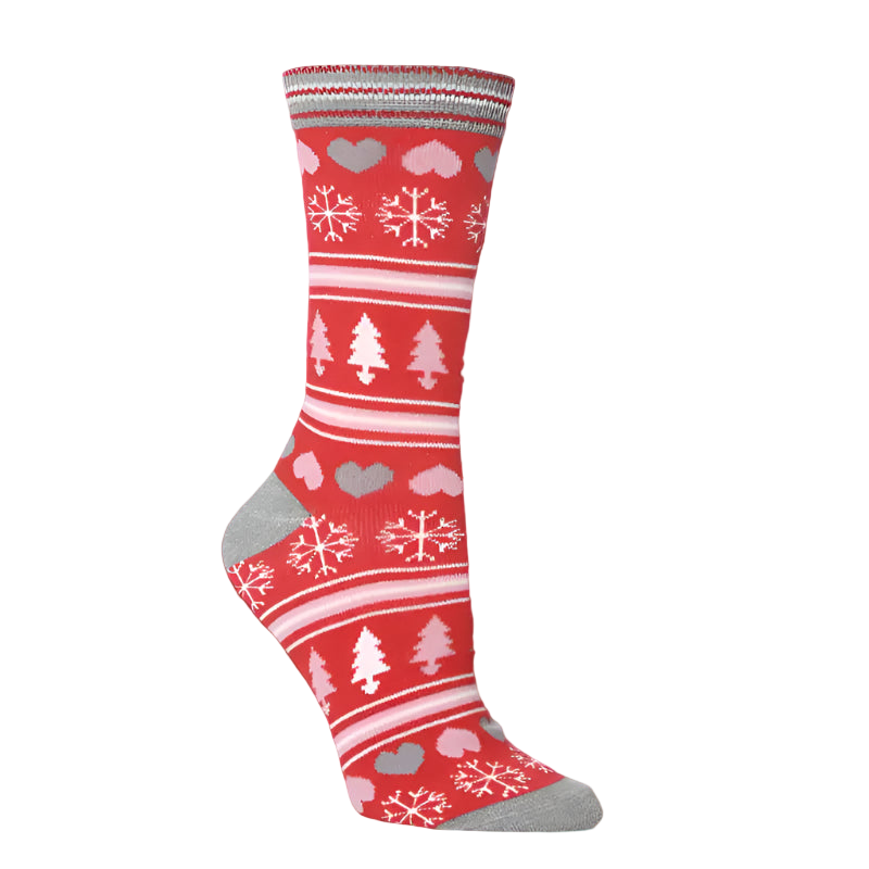 Red sock with winter patterns on a white background