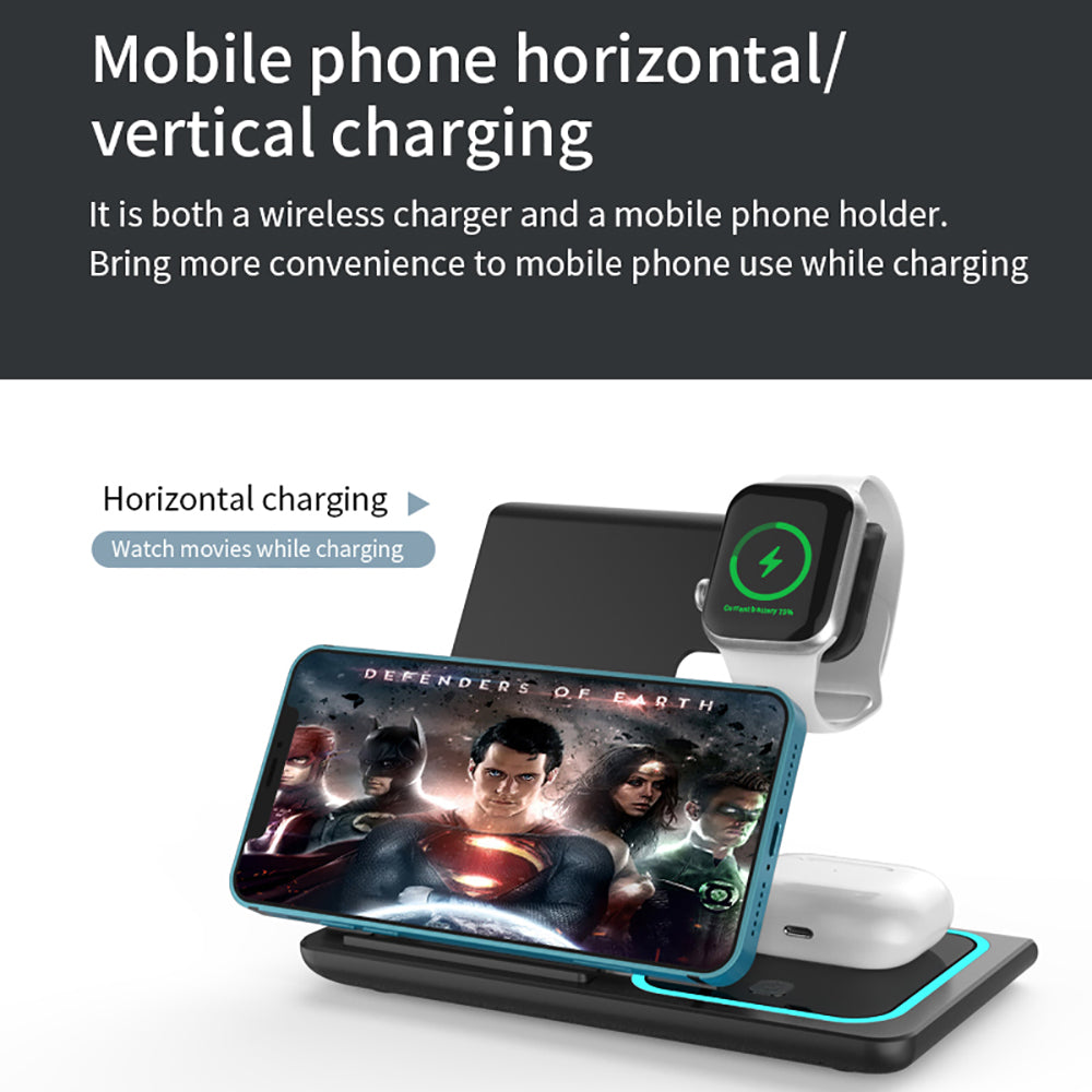 Multifunctional charging pad with smartphone, smartwatch, and wireless earbuds on a white background.