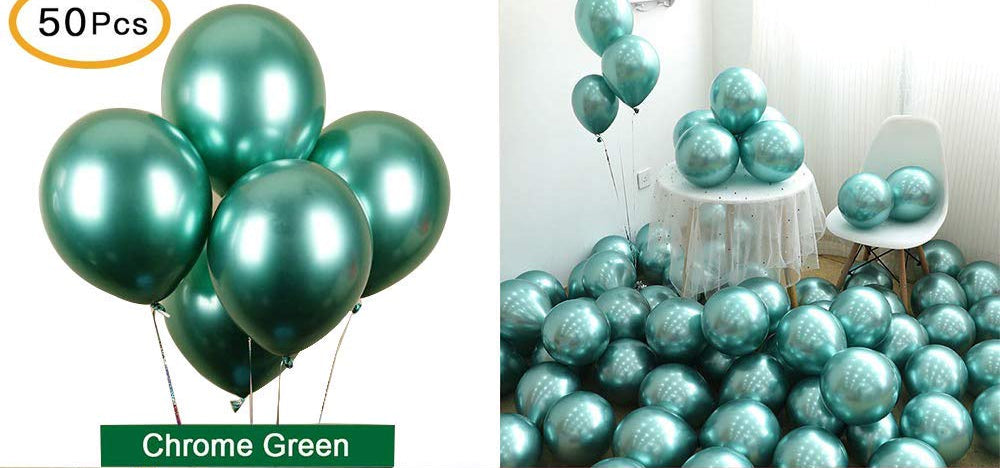 Chrome green balloons in various settings including a room with balloons and a close-up of a single balloon.