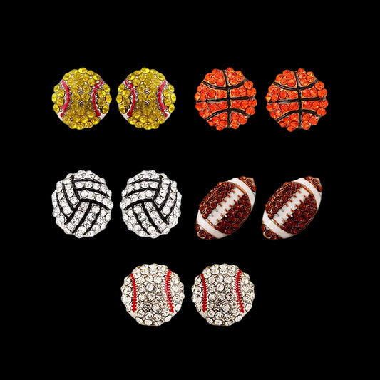 Set of sports-themed stud earrings including baseball, basketball, volleyball, and football designs on a white background.