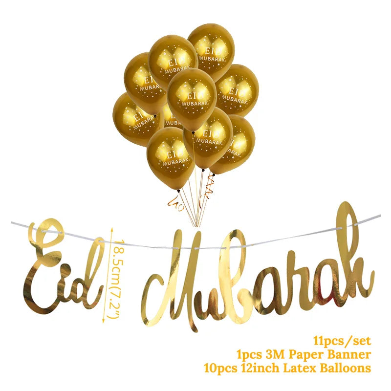 Gold 'Eid Mubarak' banner with balloons on a white background
