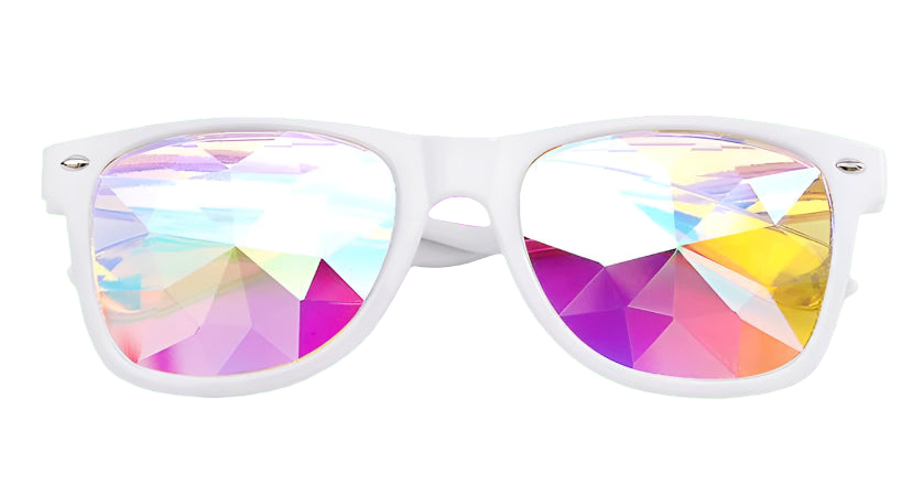 White sunglasses with colorful geometric lenses on a white background