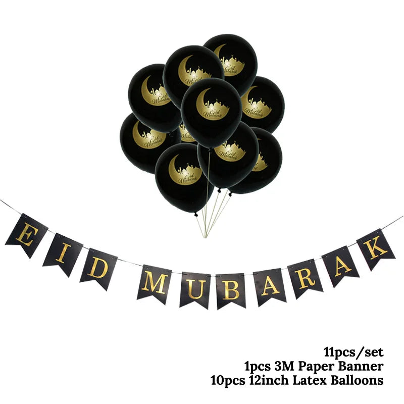 Black balloons with gold crescent moon designs and 'EID MUBARAK' banner on a white background