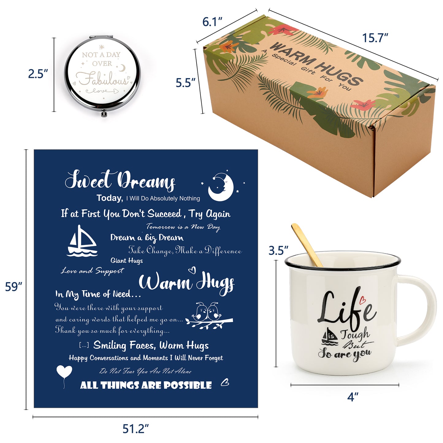 Gift set with mug, card, and box with measurements displayed