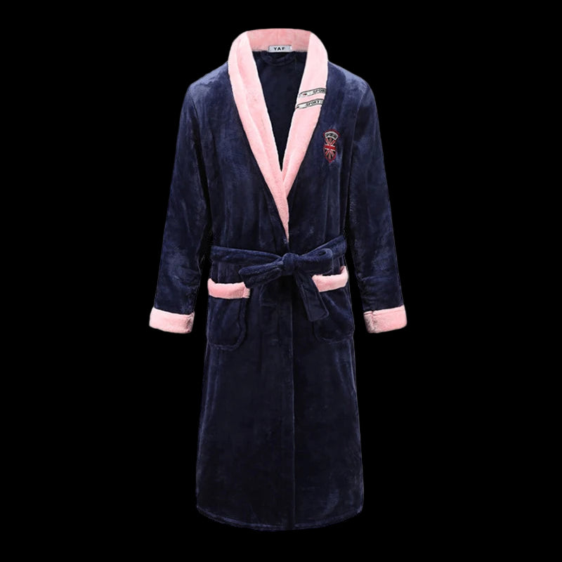 Navy blue robe with pink trim on a white background