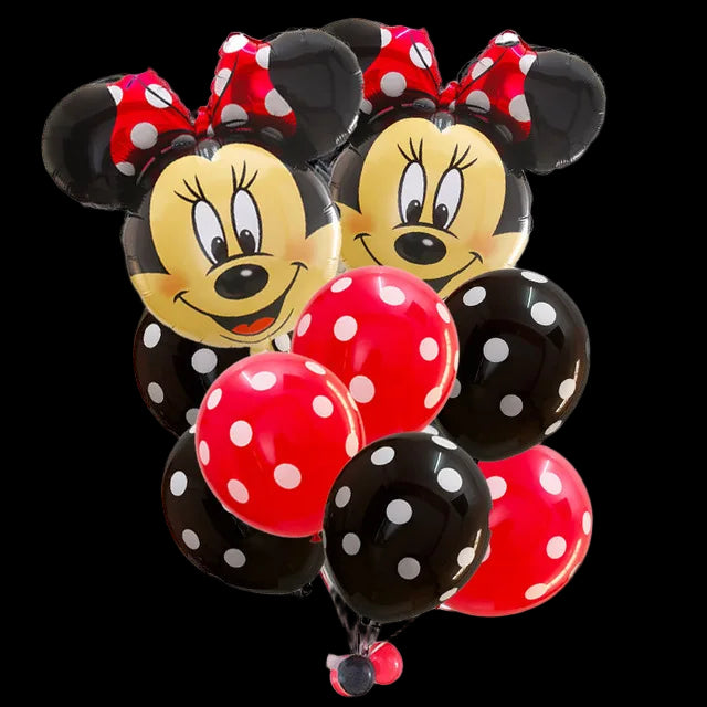 Balloon bouquet with Minnie Mouse face designs and red, black, and white polka dots on a white background.
