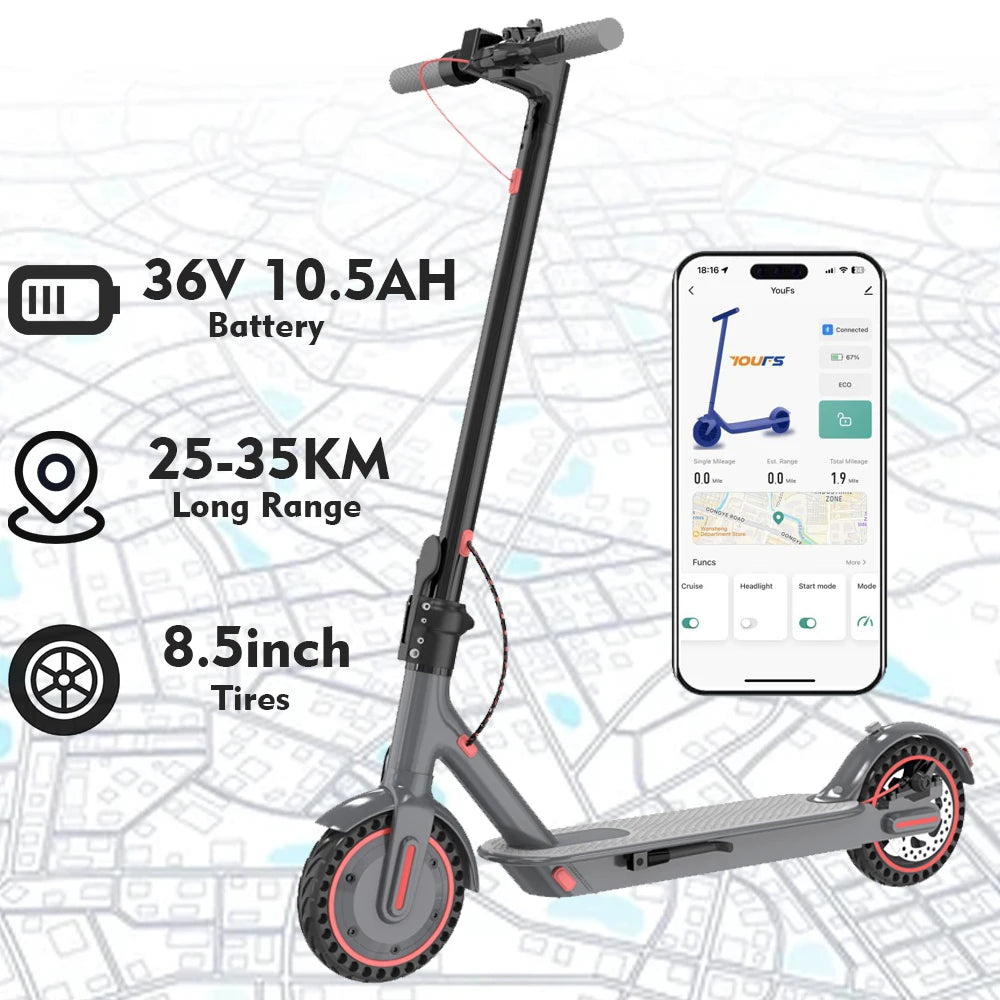 Electric scooter with battery details and smartphone app on a map background