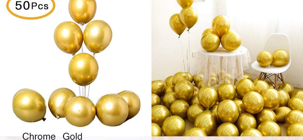 Collection of chrome gold balloons in various settings.