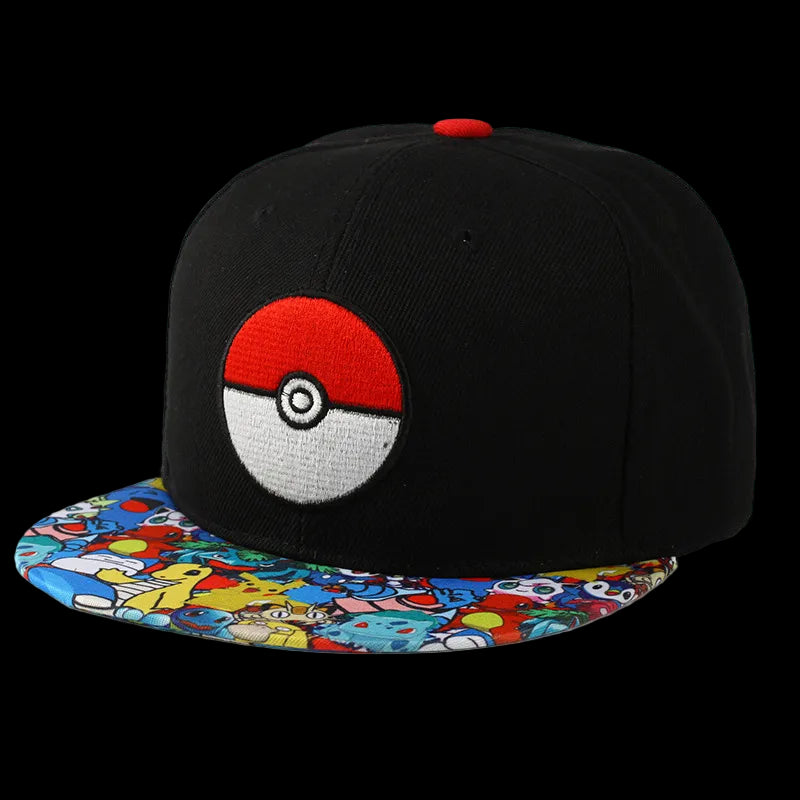 Black cap with red and white emblem and colorful base, on a white background
