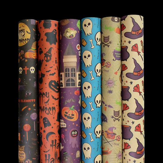 Set of Halloween-themed wrapping paper rolls on a white background