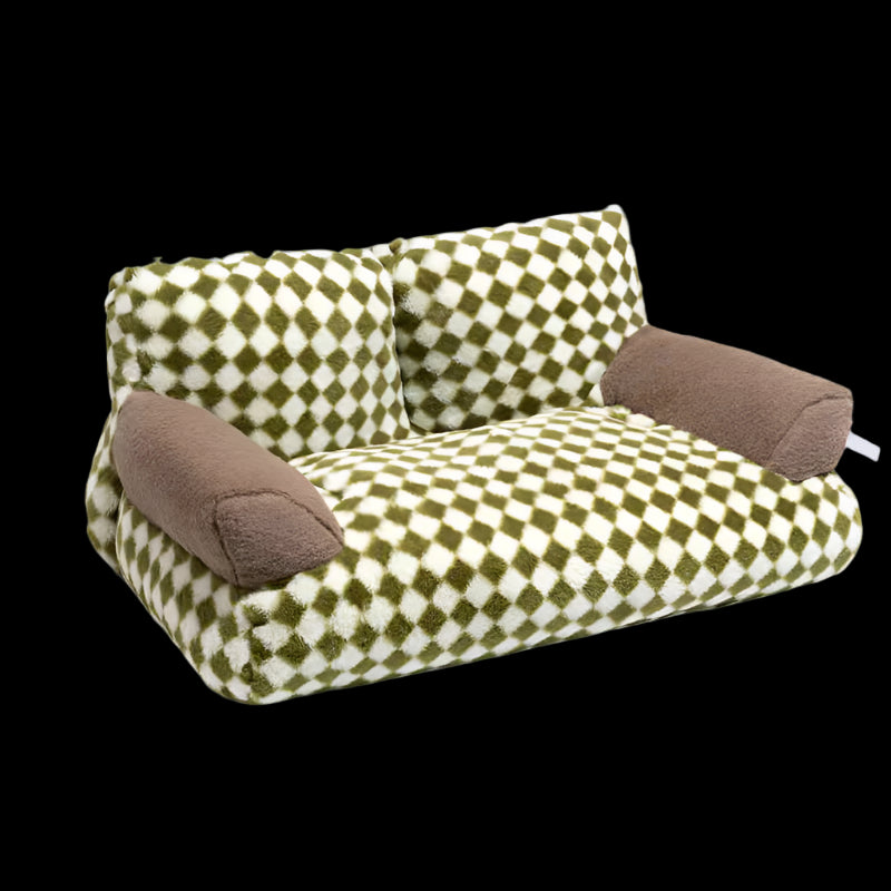 Checkered cushion with brown accents on a white background