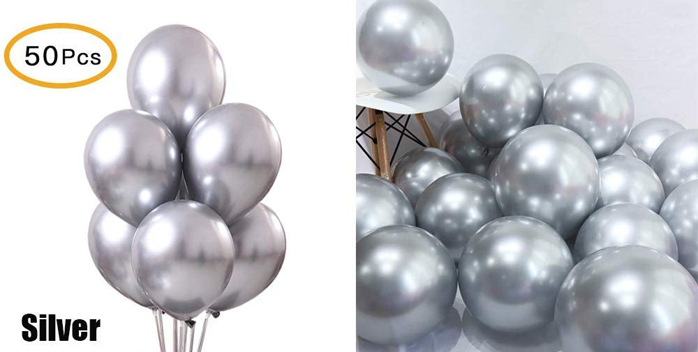 Collection of silver balloons with decorative arrangements in various settings.