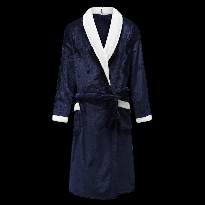 Navy blue robe with white trim on a white background