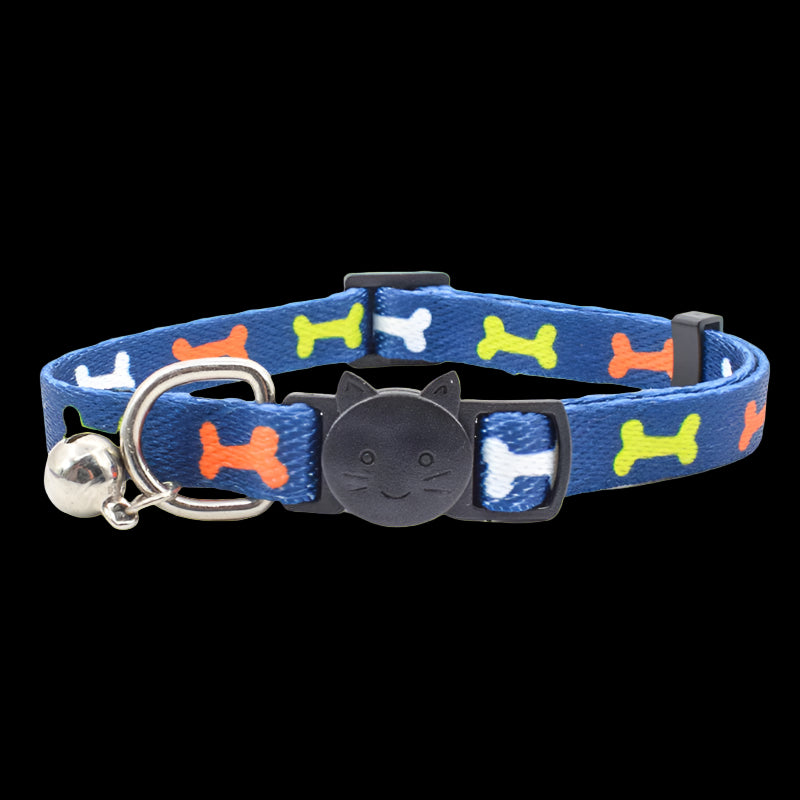 Blue cat collar with colorful bone patterns on a white background