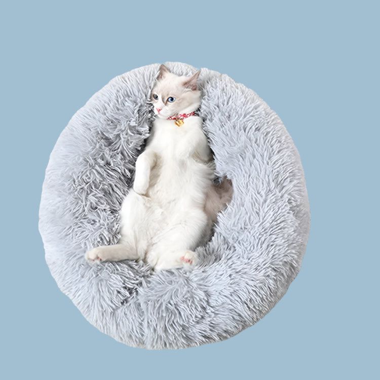 Cat lying on a fluffy gray pet bed with a white background