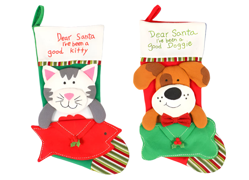 Two Christmas stockings for a cat and dog with festive designs on a white background.