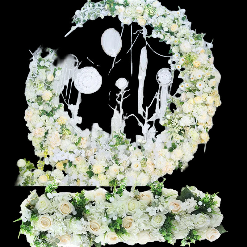 Floral archway with white and yellow flowers against a white curtain backdrop, featuring 'Angela's Flower' branding.