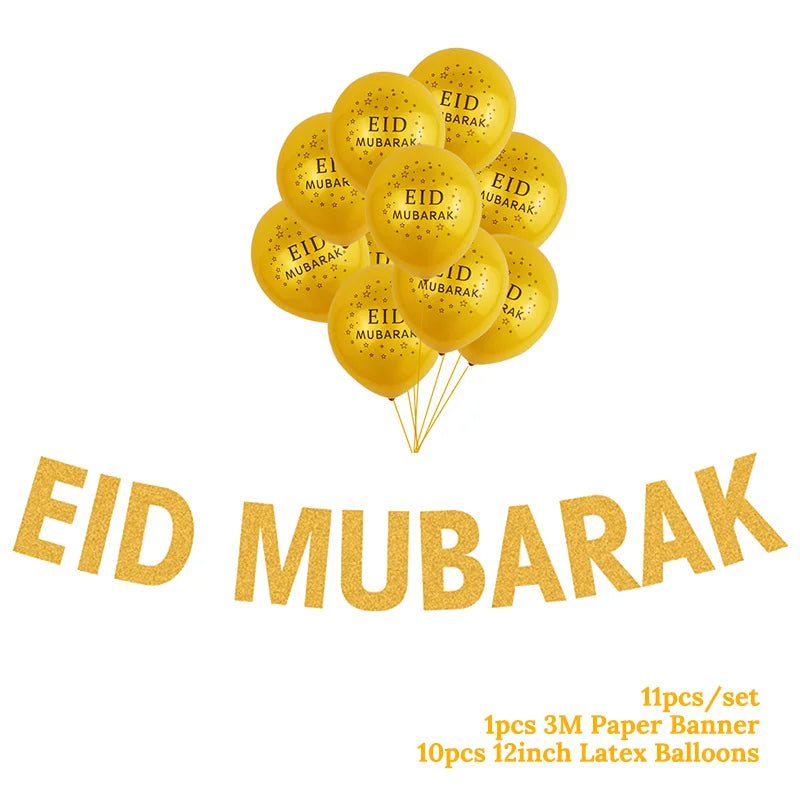 Gold 'EID MUBARAK' balloons and banner set on a white background