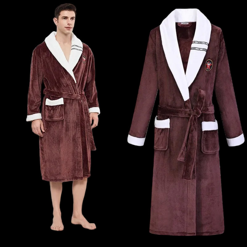 Brown robe with white trim worn by a model against a white background