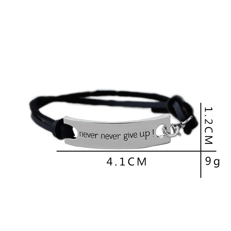 Bracelet with 'never never give up!' engraving and measurement details on a white background