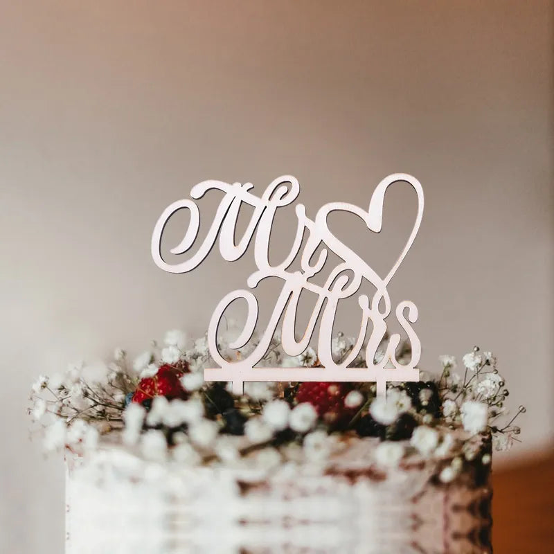 1 Pc Wooden Just Married Mr & Mrs Bride and Groom Wedding Cake Topper