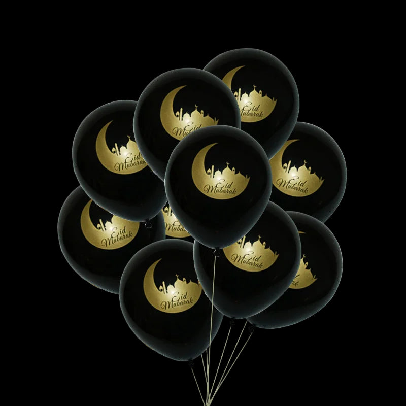 Black balloons with gold crescent moon and star design on a white background