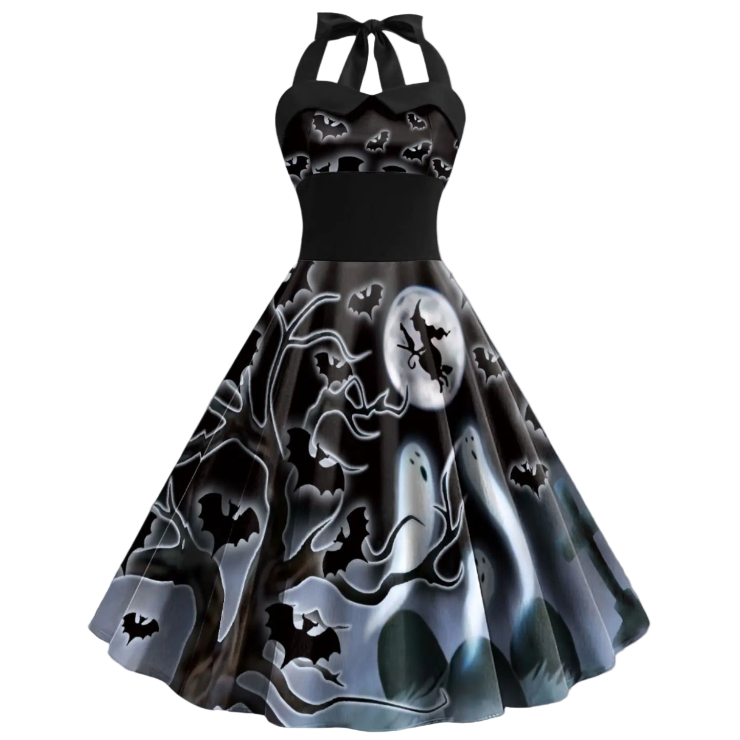 Black and white Halloween-themed dress with ghost and bat designs on a white background