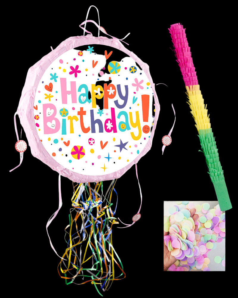 Colorful birthday piñata with a stick and decorative paper on a white background