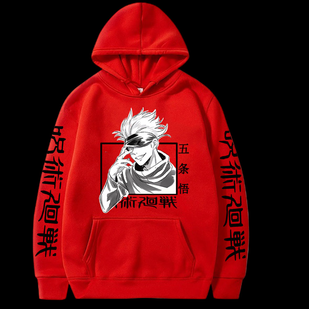 Red hoodie with anime character and text on a white background