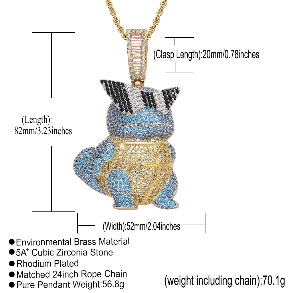 Pendant necklace with measurements and material details on a white background