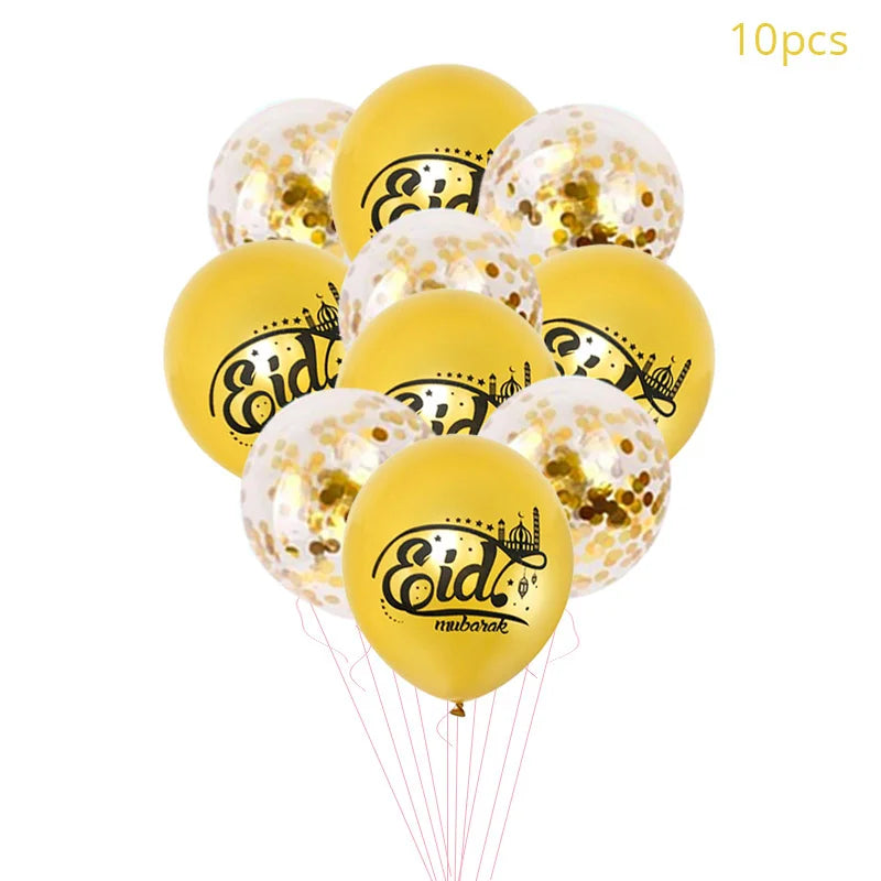 Yellow balloons with 'Eid Mubarak' text and confetti on a white background
