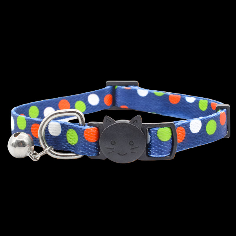 Cat collar with blue background and colorful polka dots on a white background