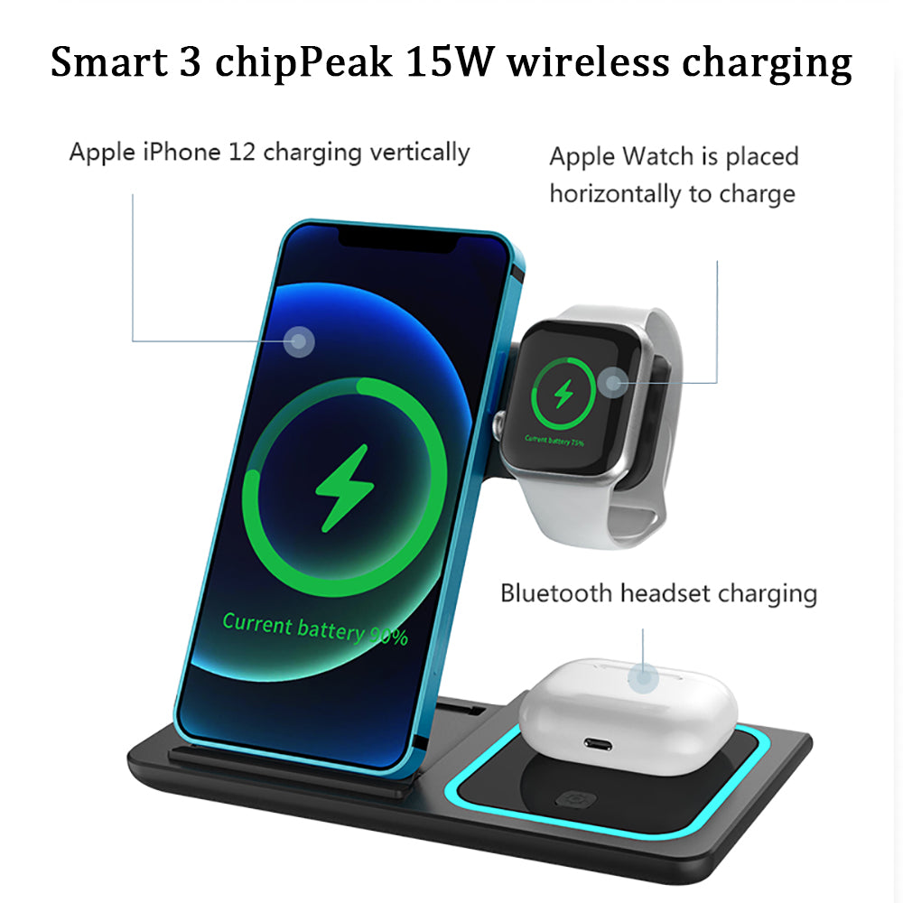 Wireless charging station with smartphone, Apple Watch, and Bluetooth headset on a white background