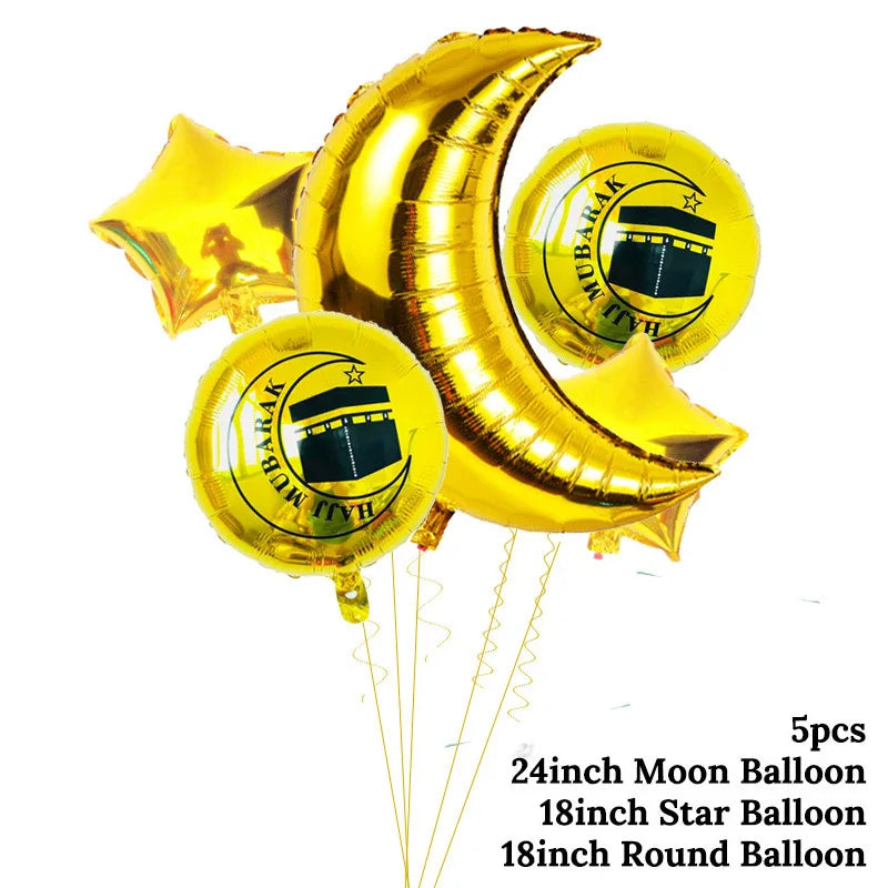 Set of gold balloons including a moon, star, and round balloons with text on a white background.