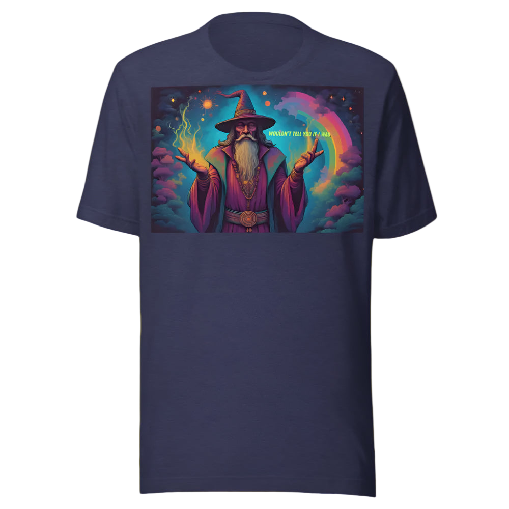 Navy blue t-shirt with a colorful graphic of a wizard on a white background