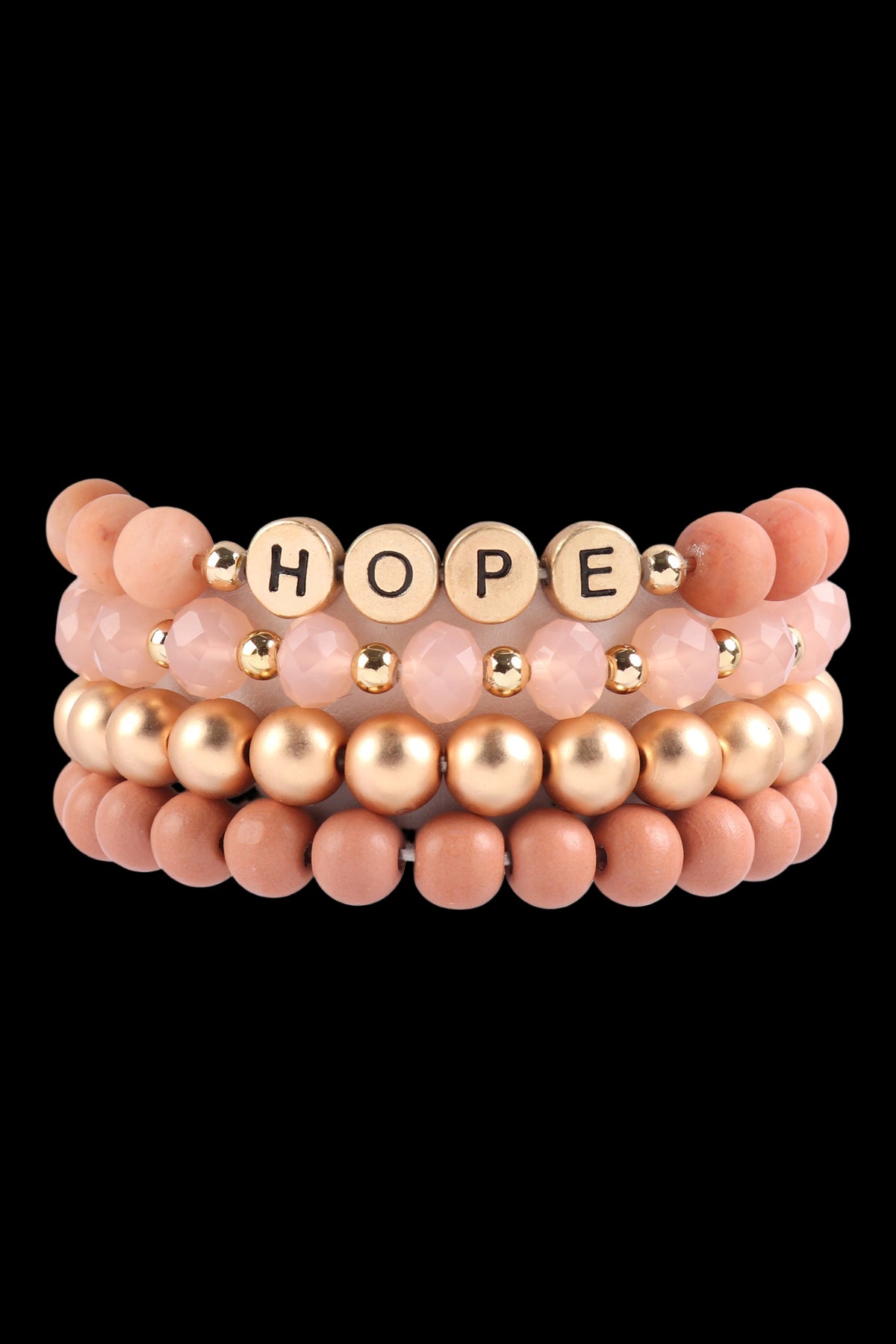 Stack of pink and gold beaded bracelets with 'HOPE' on a white background