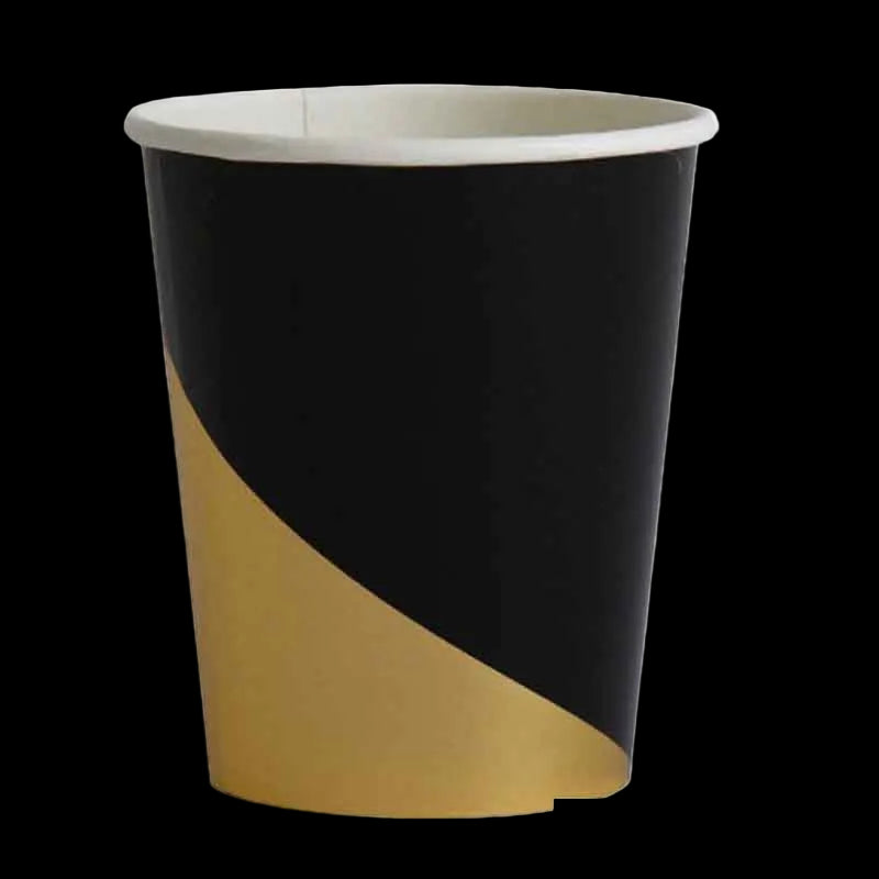 Black and gold paper cup on a white background