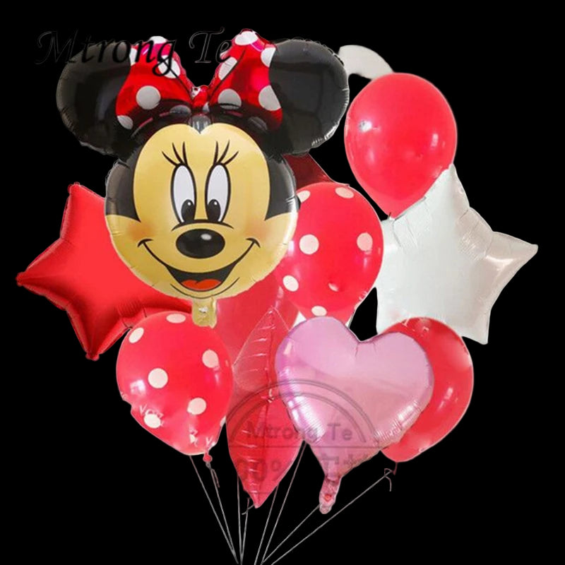 Balloon bouquet with a Minnie Mouse balloon and red, white, and pink balloons on a white background.