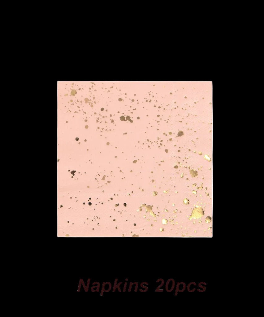 Pink napkins with gold specks and text 'Napkins 20pcs' on a white background