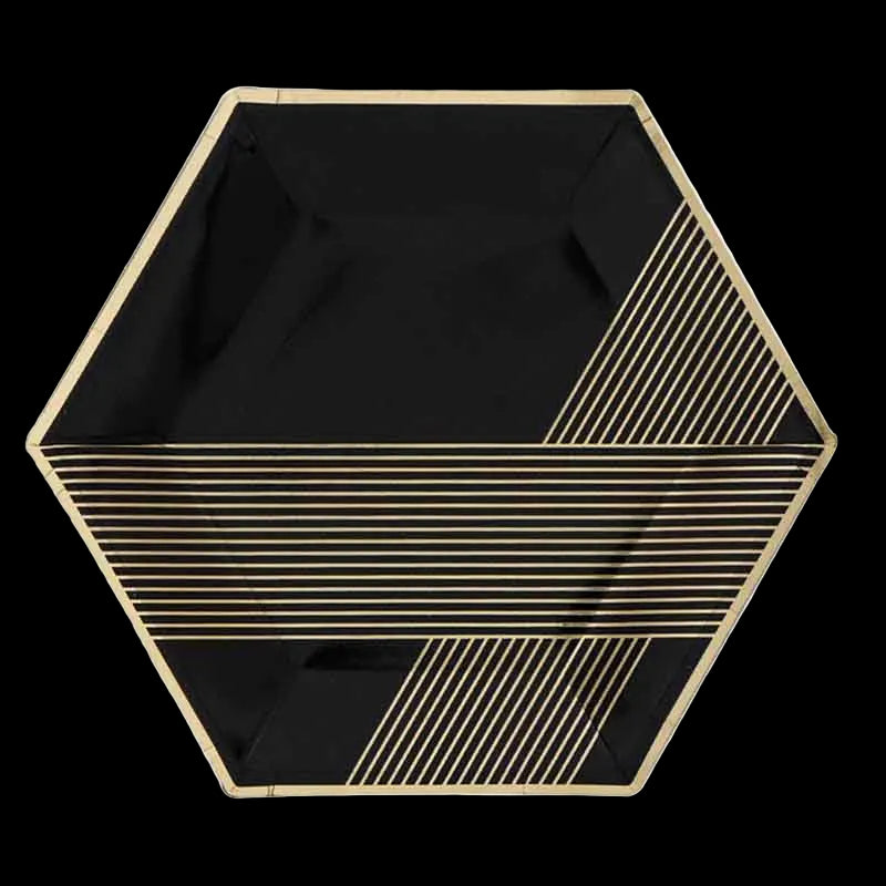 Hexagonal black plate with gold lines on a white background