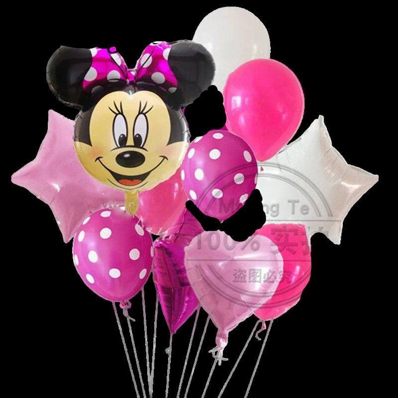 Bouquet of balloons with a Minnie Mouse balloon and polka dot balloons on a white background.